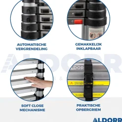 Aldorr Home - Telescoopladder 3,80M - Met Stabilisatievoet En Soft Closing