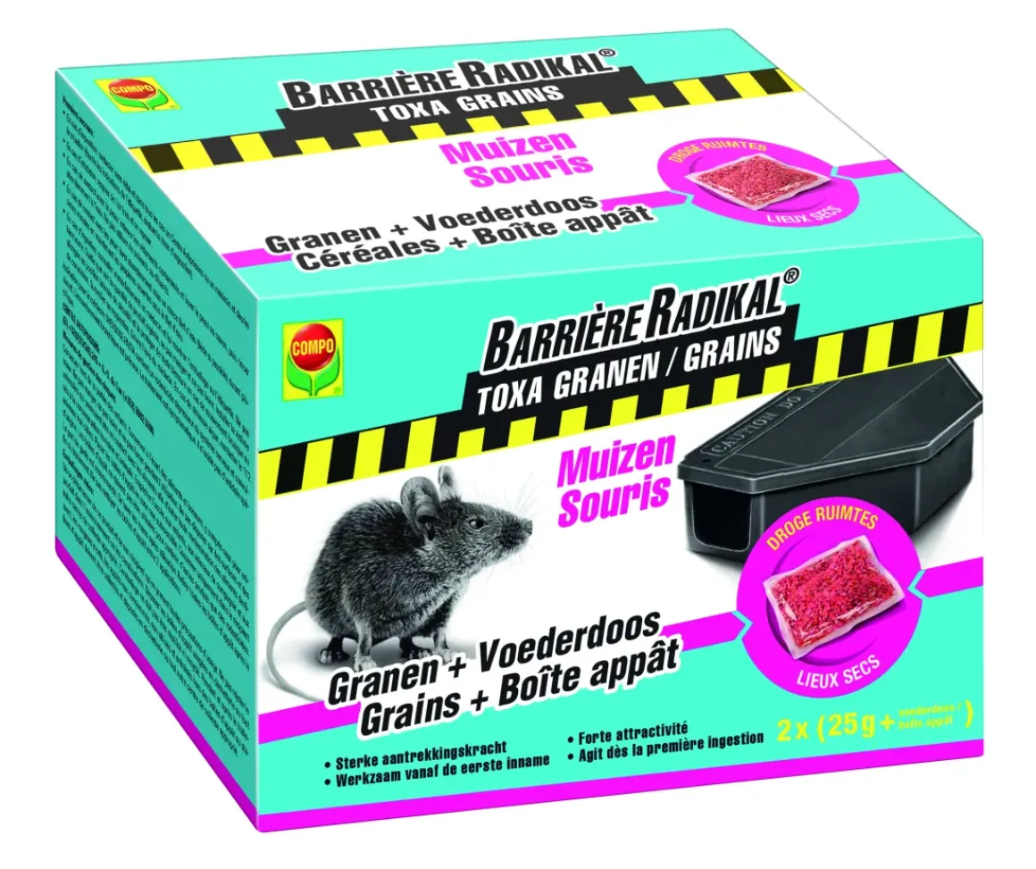 Compo Toxa Graantjes + Voerdoos Muizen Barriere Radikal (2X 25G + Voederdozen)
