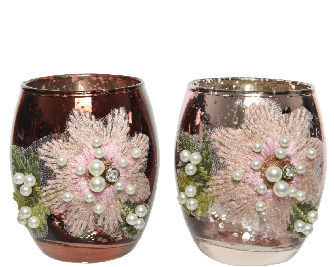 Decoris Theelichthouder Glas Bloemenpatroon 9Cm 1St