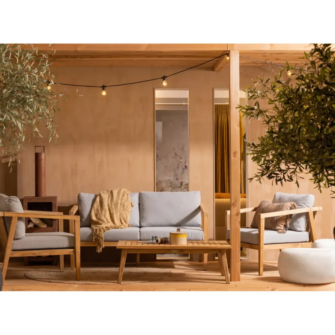Exotan Loungeset Fauteuil/Bank/Tafel - Teak - Grijs - Set Van 4
