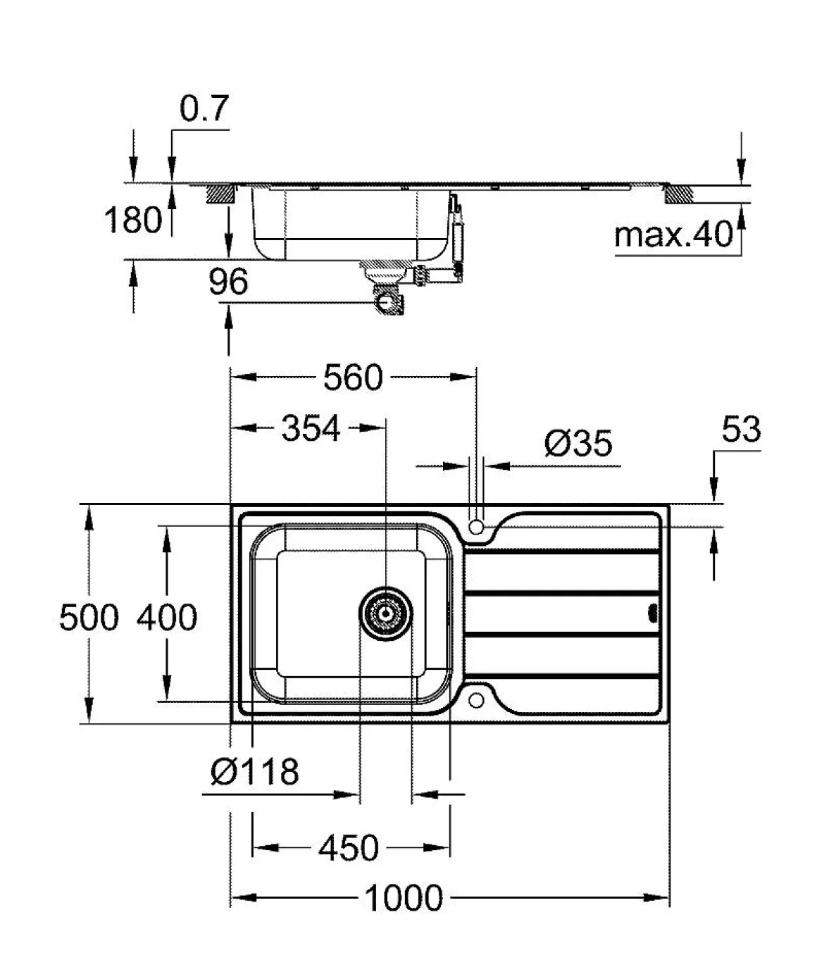 Grohe Spoelbak K500 Met Druiprek 1000X500Mm Rvs