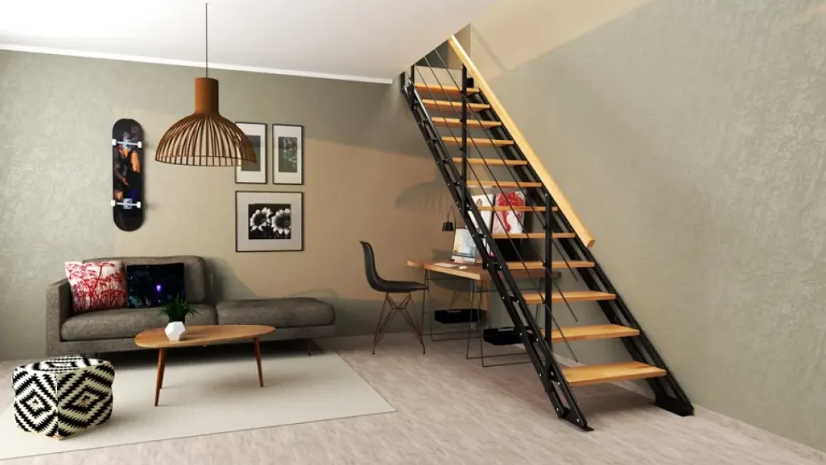 Handystairs Rechte Trap "Synth" - Trap Van Zwart Metaal Met Grenen Treden - Hoogte 856 - 1066Mm