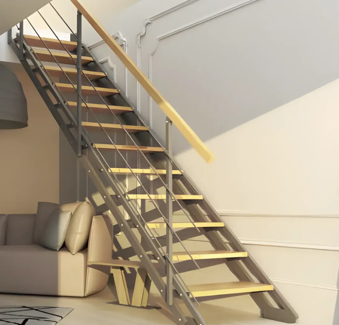 Handystairs Rechte Trap "Synth" - Trap Van Zwart Metaal Met Grenen Treden - Hoogte 856 - 1066Mm