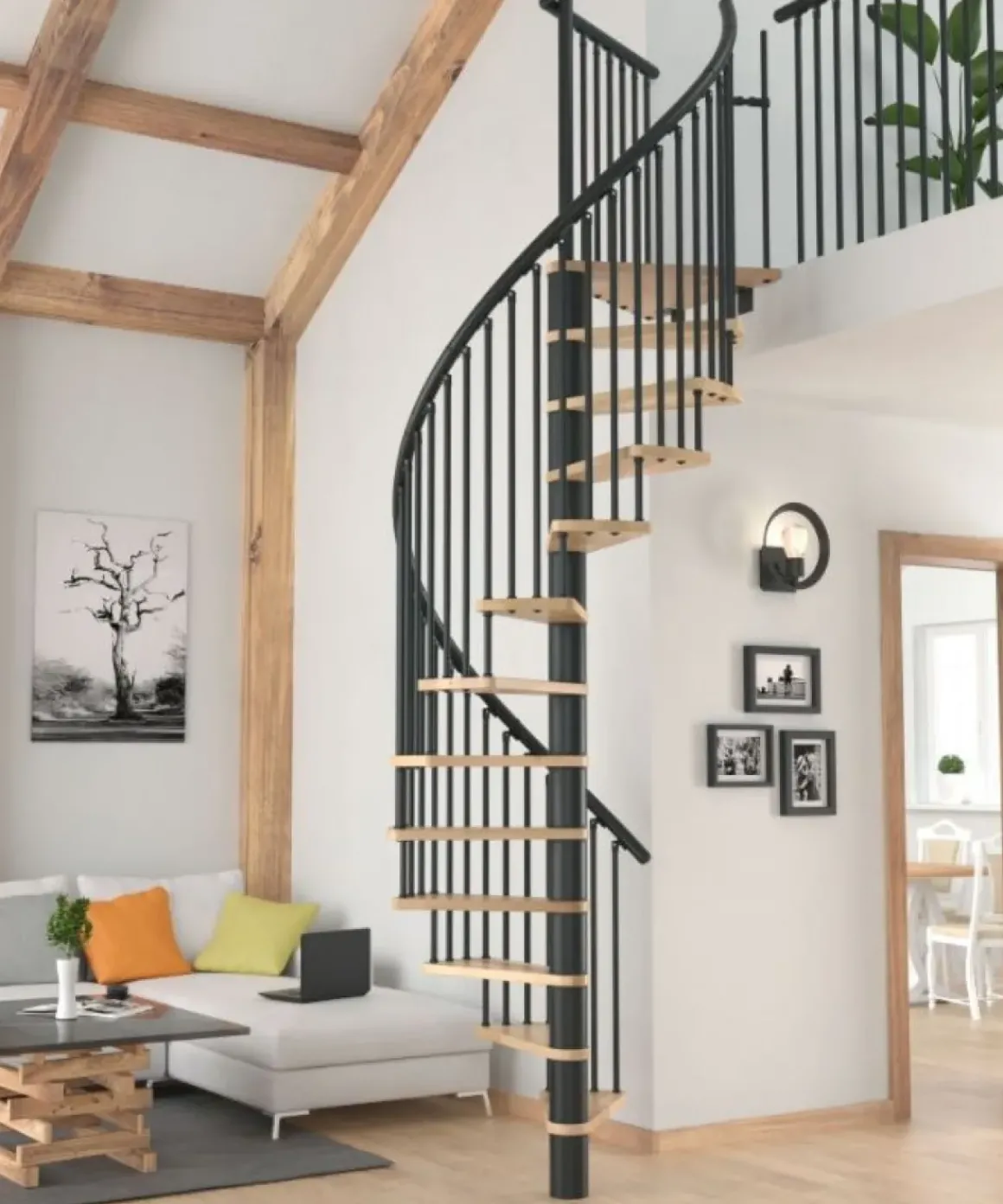 Handystairs Wenteltrap "Spirale" - Diameter 120Cm - Hoogte 309Cm - 12 Beuken Treden - Zwart Staal