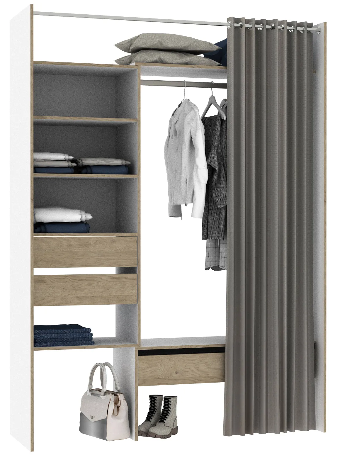 Kast Oslo Wit/Eik Uitrekbaar Met Gordijn 3 Lades 6 Planken