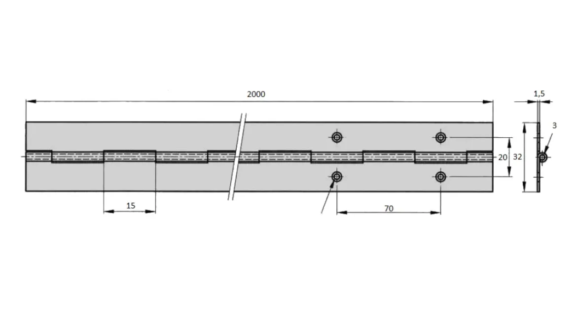 Pianoscharnier - Rvs - 2000X32X1,5Mm