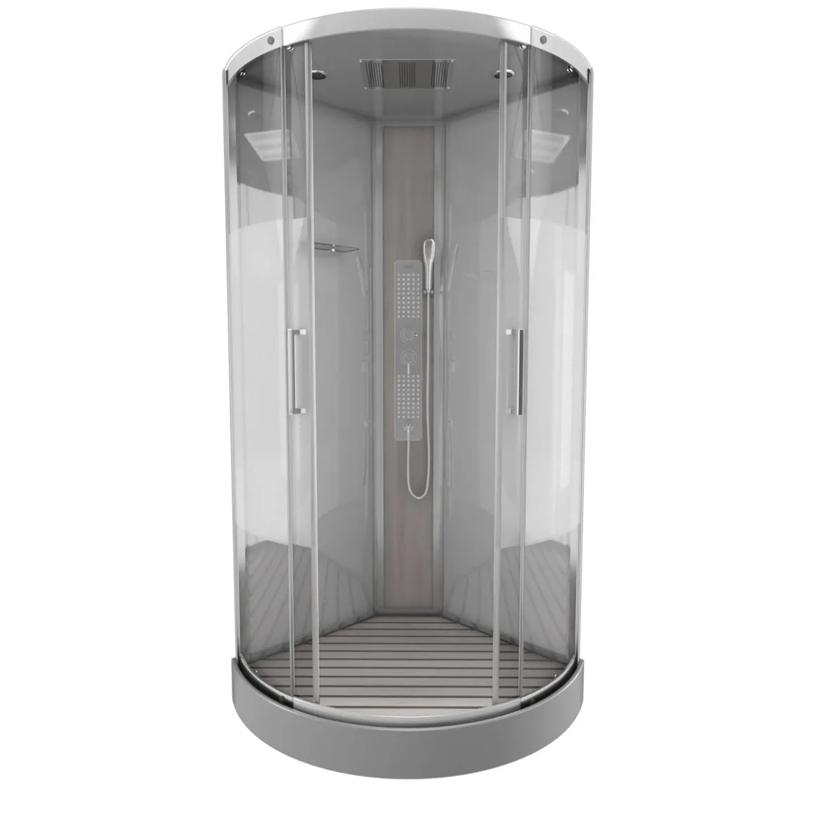 Technische Eigenschappen:85X185X215Cmbenodigde Hoogte Voor Installatie 230Cmmetaalgrijs Gelakte Aluminium Structuuromkeerbare Schuifdeur In 6 Mm Van Gehard Glasachterwand Van Grijs Gehard Glas Van 5 Mmcomposiet Houten Kolom Met Roestvrijstalen Plaatvoorwanden En Zijkanten Met Gematteerde Bandenversterkt Grijs Acryl Dak En Douchebakmagnetische Sluitingsiliconenvrije Montagetoebehoren: Rvs Regendouchekopanti-Kalksteen Multi-Jet Roestvrijstalen Hydromassagepaneelanti-Kalksteen Handdouchepvc-Slang Met Metallic Effectglazen Plankenverchroomd Roestvrijstalen Handvatmechanische Mengkraan90 Mm Afvoer Met Hoog Debietcomposiet Houten Roostergeleverd Met Aansluitslangen
