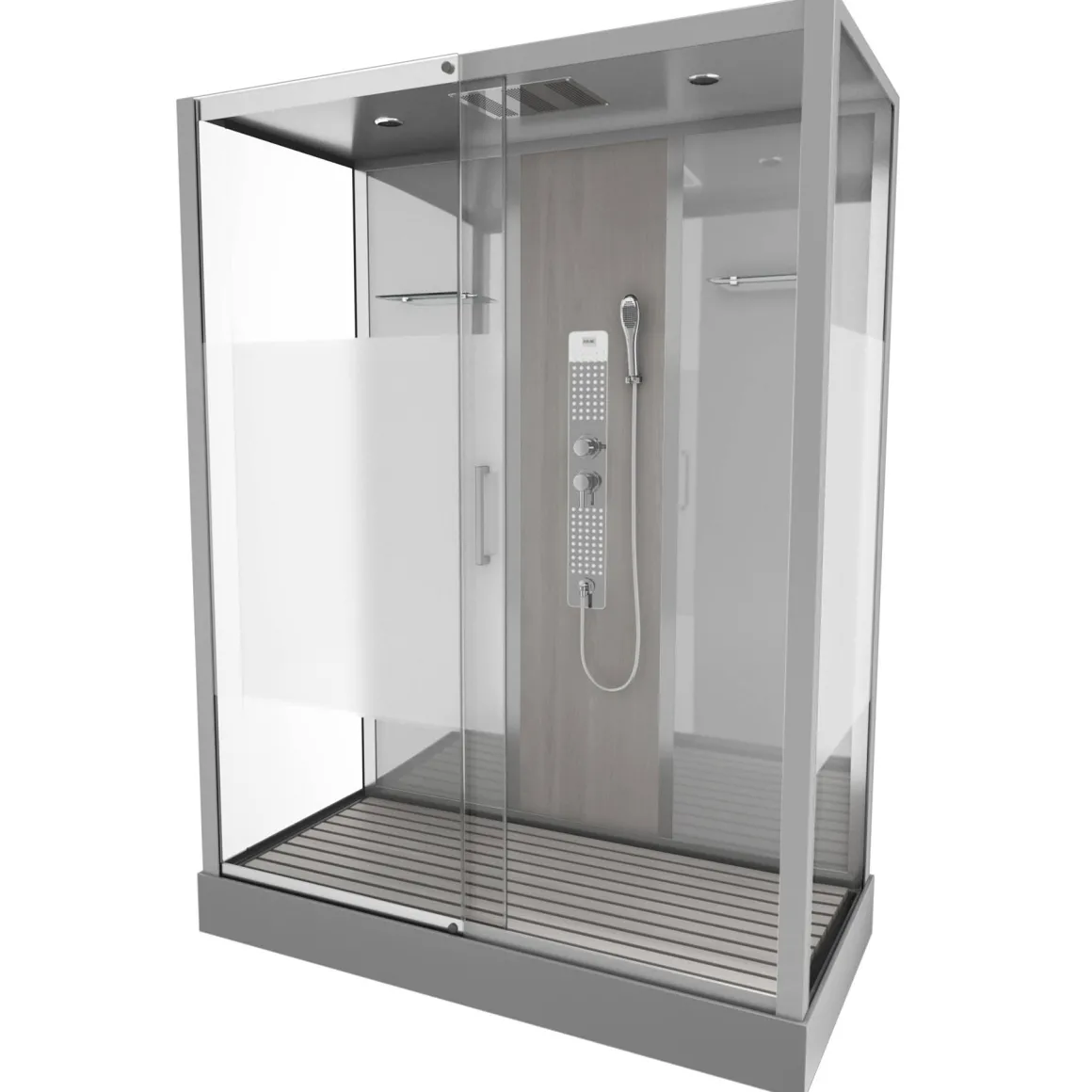 Technische Eigenschappen:75X150X215Cmbenodigde Hoogte Voor Installatie 230Cmmetaalgrijs Gelakte Aluminium Structuuromkeerbare Schuifdeur In 6 Mm Van Gehard Glasachterwand Van Grijs Gehard Glas Van 5 Mmcomposiet Houten Kolom Met Roestvrijstalen Plaatvoorwanden En Zijkanten Met Gematteerde Bandenversterkt Grijs Acryl Dak En Douchebakmagnetische Sluitingsiliconenvrije Montagetoebehoren: Rvs Regendouchekopanti-Kalksteen Multi-Jet Roestvrijstalen Hydromassagepaneelanti-Kalksteen Handdouchepvc-Slang Met Metallic Effectglazen Plankenverchroomd Roestvrijstalen Handvatmechanische Mengkraan90 Mm Afvoer Met Hoog Debietcomposiet Houten Roostergeleverd Met Aansluitslangen