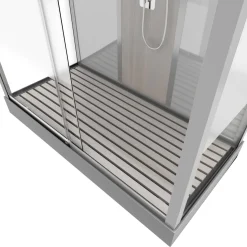 Technische Eigenschappen:75X150X215Cmbenodigde Hoogte Voor Installatie 230Cmmetaalgrijs Gelakte Aluminium Structuuromkeerbare Schuifdeur In 6 Mm Van Gehard Glasachterwand Van Grijs Gehard Glas Van 5 Mmcomposiet Houten Kolom Met Roestvrijstalen Plaatvoorwanden En Zijkanten Met Gematteerde Bandenversterkt Grijs Acryl Dak En Douchebakmagnetische Sluitingsiliconenvrije Montagetoebehoren: Rvs Regendouchekopanti-Kalksteen Multi-Jet Roestvrijstalen Hydromassagepaneelanti-Kalksteen Handdouchepvc-Slang Met Metallic Effectglazen Plankenverchroomd Roestvrijstalen Handvatmechanische Mengkraan90 Mm Afvoer Met Hoog Debietcomposiet Houten Roostergeleverd Met Aansluitslangen