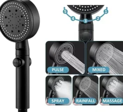 Waterbesparende Douchekop Set - Mat Zwart - 5 Straalstanden